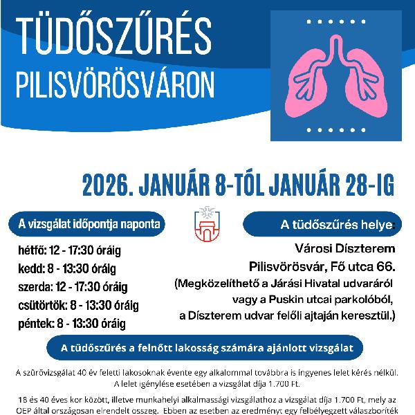 Tüdőszűrés lesz Pilisvörösváron – 2026. január 8. és január 28. között