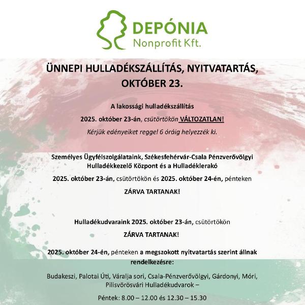 Ünnepi hulladékszállítás és nyitvatartás – október 23.