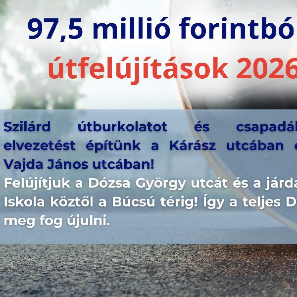 97,5 millió forintból újabb útfelújítások 2026-ban